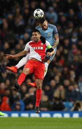Nicolas Otamendi of Manchester City and Radamel Falcao of Monaco during the Champions League Round of 16 match at Etihad Stadium, Manchester. Picture date: February 21st 2017. Pic credit should read: Lynne Cameron Sportimage EDITORIAL USE ONLY. No use with unauthorised audio, video, data, fixture lists, club league logos or live services. Online in-match use limited to 120 images, no video emulation. No use in betting, games or single club league player publications.