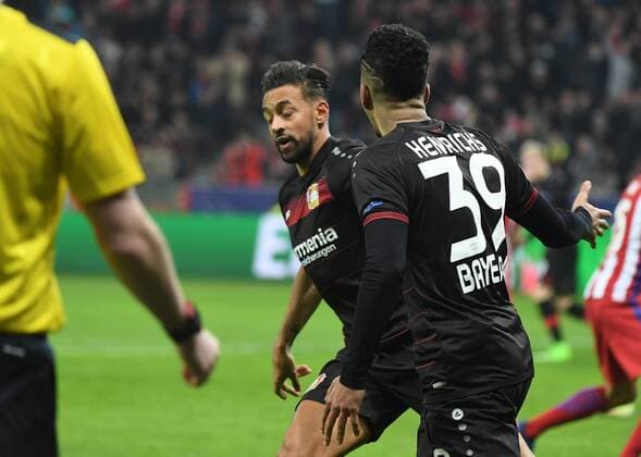 21.02.2017, xhbx, Fussball Champions League, Bayer 04 Leverkusen - Atletico Madrid, emspor, v.l. Karim Bellarabi (Bayer Leverkusen) Goal scored, Tor zum 2:1 celebrate the goal, Torjubel zum Leverkusen
