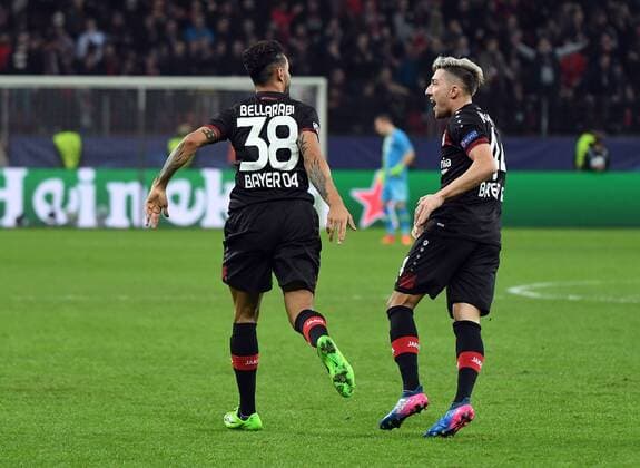 21.02.2017, xhbx, Fussball Champions League, Bayer 04 Leverkusen - Atletico Madrid, emspor, v.l. Karim Bellarabi (Bayer Leverkusen) Goal scored, Tor zum 2:1 celebrate the goal, Torjubel zum Leverkusen