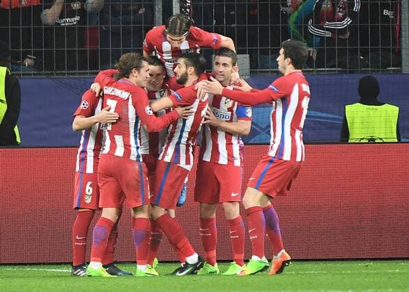 21.02.2017, xhbx, Fussball Champions League, Bayer 04 Leverkusen - Atletico Madrid, emspor, v.l. Kevin Gameiro (Atletico Madrid) celebrate the goal, Torjubel zum 1:3 Leverkusen