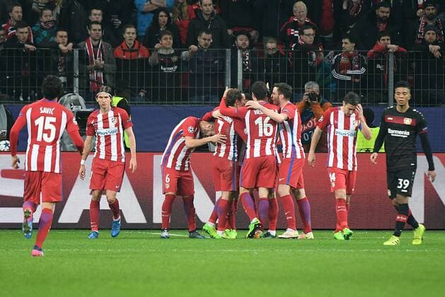 21.02.2017, xhbx, Fussball Champions League, Bayer 04 Leverkusen - Atletico Madrid, emspor, v.l. Kevin Gameiro (Atletico Madrid) celebrate the goal, Torjubel zum 1:3 Leverkusen