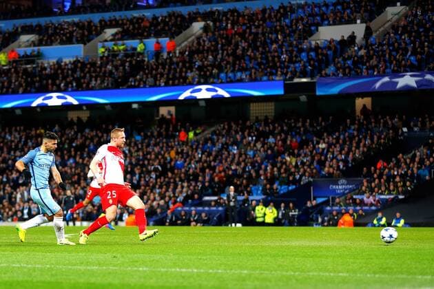 February 21st 2017, Etihad Stadium, Manchester, Lancashire, England; UEFA Champions League 1st Leg round of 16, Manchester City versus AS Monaco; Sergio Aguero of Manchester City scores his teams second goal in the 58th minute (2-2) xPaulxKeevilx  ActionPlus11849043