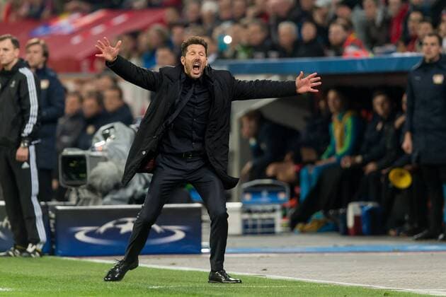 Leverkusen, Germany 21.02.2017, UEFA Champions League - 2016 17 Season, Bayer 04 Leverkusen - Club Atletico de Madrid, Trainer Diego Simeone (Atletico Madrid) jubel nach dem treffer zum 2:4, torjubel ( DeFodi001