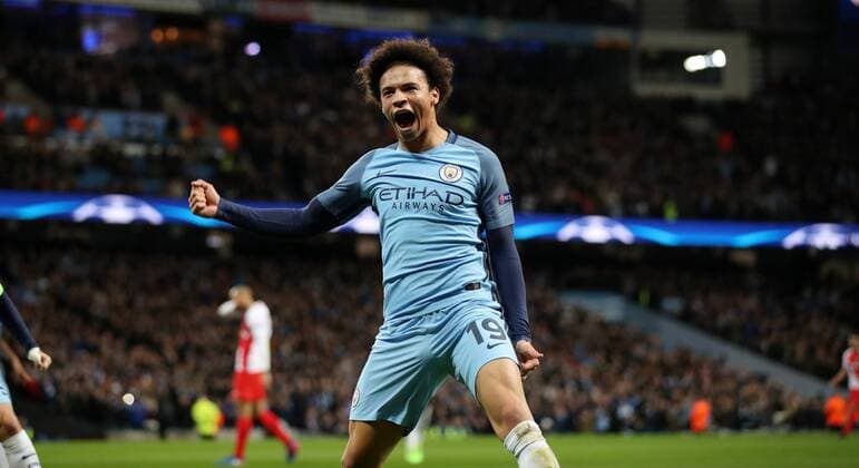 Leroy Sane of Manchester City celebrates during the Champions League Round of 16 match at Etihad Stadium, Manchester. Picture date: February 21st 2017. Pic credit should read: Lynne Cameron Sportimage EDITORIAL USE ONLY. No use with unauthorised audio, video, data, fixture lists, club league logos or live services. Online in-match use limited to 120 images, no video emulation. No use in betting, games or single club league player publications.