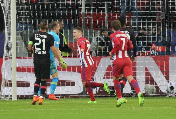 Leverkusen, Germany 21.02.2017, Champions League, Round of 16, 1st leg, Bayer Leverkusen vs Atletico Madrid, Torjubel 1-3 Kevin Gameiro (Atletico Madrid, M). ( DeFodi512