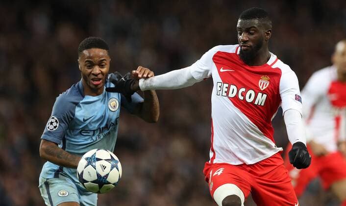 Raheem Sterling of Manchester City and Tiemoue Bakayoko of Monaco during the Champions League Round of 16 match at Etihad Stadium, Manchester. Picture date: February 21st 2017. Pic credit should read: Lynne Cameron Sportimage EDITORIAL USE ONLY. No use with unauthorised audio, video, data, fixture lists, club league logos or live services. Online in-match use limited to 120 images, no video emulation. No use in betting, games or single club league player publications.