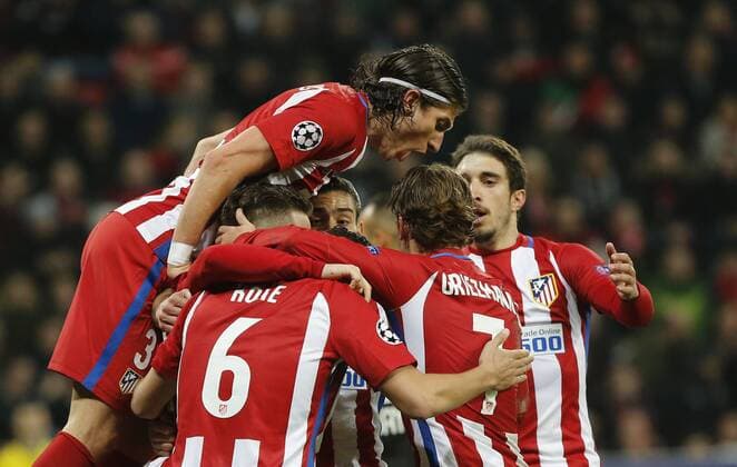 1 8 first leg match of the Champions League match between Bayer Leverkusen and Atletico. In this picture, Atetico players celebrate after scoring. xPABLOxGARCIAx 