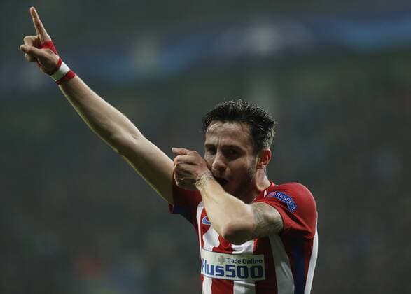 1 8 first leg match of the Champions League match between Bayer Leverkusen and Atletico. In this picture, Saul celebrates after scoring. xPABLOxGARCIAx 