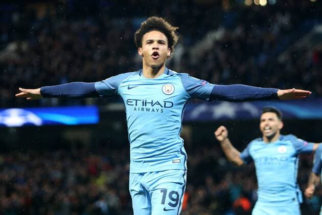Football - 2016 2017 UEFA Champions League - Round of Sixteen, First Leg: Manchester City vs. Monaco Leroy Sane of Manchester City celebrates scoring during the match at the Etihad Stadium. COLORSPORT 