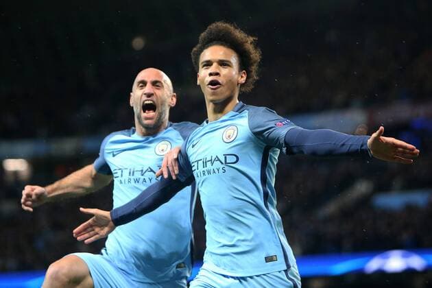 Football - 2016 2017 UEFA Champions League - Round of Sixteen, First Leg: Manchester City vs. Monaco Leroy Sane of Manchester City celebrates scoring during the match at the Etihad Stadium. COLORSPORT 