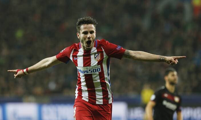 1 8 first leg match of the Champions League match between Bayer Leverkusen and Atletico. In this picture, Saul celebrates after scoring. xPabloxGarciax 