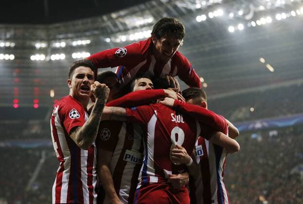 1 8 first leg match of the Champions League match between Bayer Leverkusen and Atletico. In this picture, Atletico players celebrate after scoring. xPabloxGarciax 