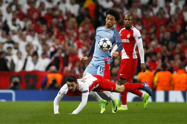 Football - 2016 2017 UEFA Champions League - Round of Sixteen, First Leg: Manchester City vs. Monaco Leroy Sane of Manchester City and Bernardo Silva of Monaco during the match at the Etihad Stadium. COLORSPORT 