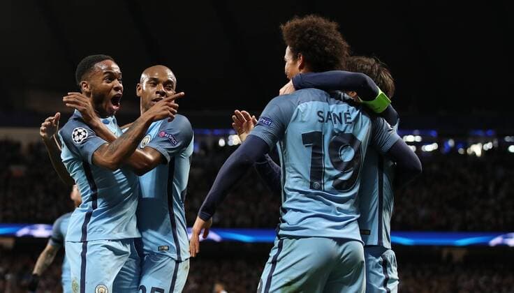 Raheem Sterling of Manchester City celebrates the opening goal during the Champions League Round of 16 match at Etihad Stadium, Manchester. Picture date: February 21st 2017. Pic credit should read: Lynne Cameron Sportimage EDITORIAL USE ONLY. No use with unauthorised audio, video, data, fixture lists, club league logos or live services. Online in-match use limited to 120 images, no video emulation. No use in betting, games or single club league player publications.