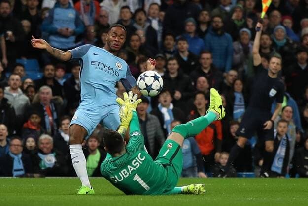 Raheem Sterling of Manchester City has a shot saved by Danijel Subasic of Monaco during the Champions League Round of 16 match at Etihad Stadium, Manchester. Picture date: February 21st 2017. Pic credit should read: Lynne Cameron Sportimage EDITORIAL USE ONLY. No use with unauthorised audio, video, data, fixture lists, club league logos or live services. Online in-match use limited to 120 images, no video emulation. No use in betting, games or single club league player publications.
