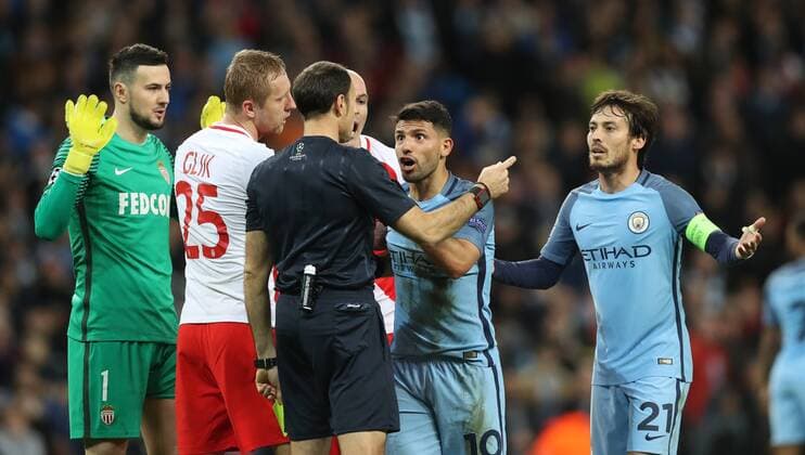 Sergio Aguero of Manchester City is booked by referee Antonio Mateu Lahoz during the Champions League Round of 16 match at Etihad Stadium, Manchester. Picture date: February 21st 2017. Pic credit should read: Lynne Cameron Sportimage EDITORIAL USE ONLY. No use with unauthorised audio, video, data, fixture lists, club league logos or live services. Online in-match use limited to 120 images, no video emulation. No use in betting, games or single club league player publications.