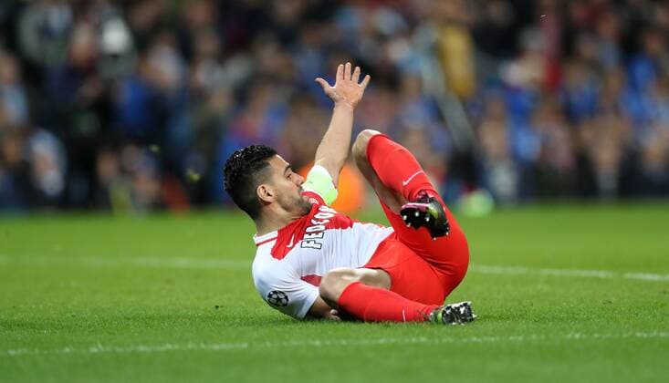 Radamel Falcao of Monaco appeals for a penalty which is awarded during the Champions League Round of 16 match at Etihad Stadium, Manchester. Picture date: February 21st 2017. Pic credit should read: Lynne Cameron Sportimage EDITORIAL USE ONLY. No use with unauthorised audio, video, data, fixture lists, club league logos or live services. Online in-match use limited to 120 images, no video emulation. No use in betting, games or single club league player publications.