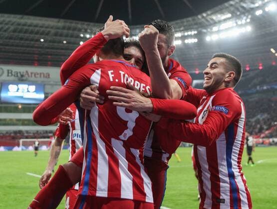 (170222) -- LEVERKUSEN, Feb. 22, 2017 -- Atletico Madrid s players celebrate scoring during the first leg match of Round of 16 of European Champions League between Bayer 04 Leverkusen and Atletico Madrid in Leverkusen, Germany, on Feb. 21, 2017. Leverkusen lost 2-4. ) (SP)GERMANY-LEVERKUSEN-SOCCER-UEFA-UCL-LEVERKUSEN VS ATLETICO MADRID ShanxYuqi 