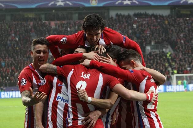 21st February 2017, Bay Arena, Leverkusen, Germany; UEFA Champions League Football, Bayer Leverkusen versus Atletico Madrid; Goal celebrations from Saul Niguez Atletico Madrid in the 17th minute xlaurent.Lairysx  ActionPlus11849151