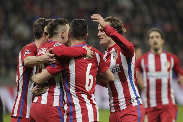 21st February 2017, Bay Arena, Leverkusen, Germany; UEFA Champions League Football, Bayer Leverkusen versus Atletico Madrid; Goal celebrations for his goal from the penalty spot in the 58th minute by Kevin Gameiro Atletico Madrid xlaurent.Lairysx  ActionPlus11849216