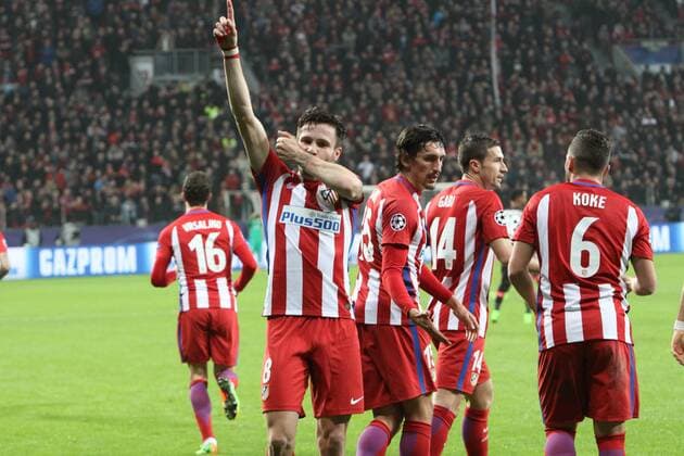 21st February 2017, Bay Arena, Leverkusen, Germany; UEFA Champions League Football, Bayer Leverkusen versus Atletico Madrid; Goal celebrations from Saul Niguez Atl& xe9;tico Madrid in the 17th minute xlaurent.Lairysx  ActionPlus11849155