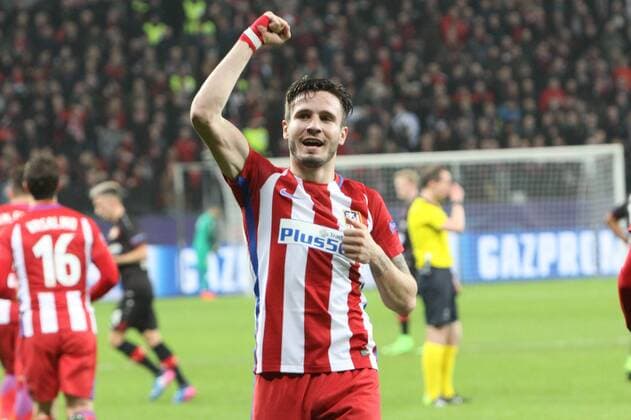21st February 2017, Bay Arena, Leverkusen, Germany; UEFA Champions League Football, Bayer Leverkusen versus Atletico Madrid; Goal celebrations from Saul Niguez Atl& xe9;tico Madrid in the 17th minute xlaurent.Lairysx  ActionPlus11849156