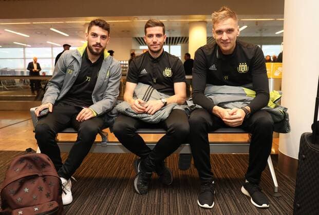 Anderlecht s Nicolae-Claudiu Stanciu, Anderlecht s Alexandru Chipciu and Anderlecht s Lukasz Teodorczyk pictured during the departure of Belgian soccer team RSC Anderlecht in Zaventem airport, Wednesday 22 February 2017, in Brussels. Tomorrow Anderlecht is playing 1 16 finales return leg game of the Europa League competition against Russian team FC Zenit. Anderlecht won 2-0 the first leg. VIRGINIExLEFOUR  x05051820x