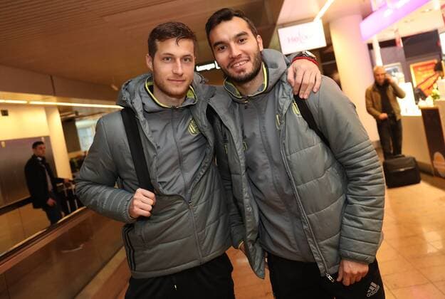 Anderlecht s Uros Spajic and Anderlecht s Ivan Obradovic pictured during the departure of Belgian soccer team RSC Anderlecht in Zaventem airport, Wednesday 22 February 2017, in Brussels. Tomorrow Anderlecht is playing 1 16 finales return leg game of the Europa League competition against Russian team FC Zenit. Anderlecht won 2-0 the first leg. VIRGINIExLEFOUR  x05051816x
