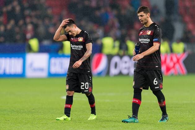 Leverkusen, Germany 21.02.2017, UEFA Champions League - 2016 17 Season, Bayer 04 Leverkusen - Club Atletico de Madrid, Charles Aranguiz (B04) und Aleksandar Dragovic (B04) nach der niederlage ( DeFodi001