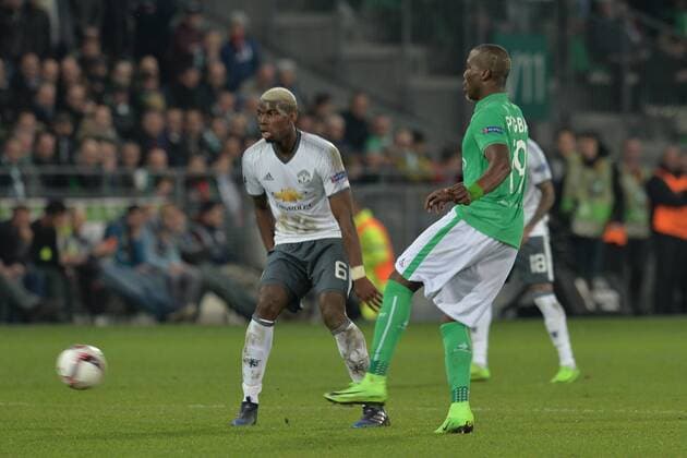 Fußball, EL, AS St. Etienne - Manchester United, Pogba-Brüder Florentin Pogba (saint etienne) vs Paul Pogba Manchester United ManU FOOTBALL : AS Saint Etienne vs Manchester United - Europa League - 1 16e de finale - 22 02 2017 FredericChambert Panoramic 