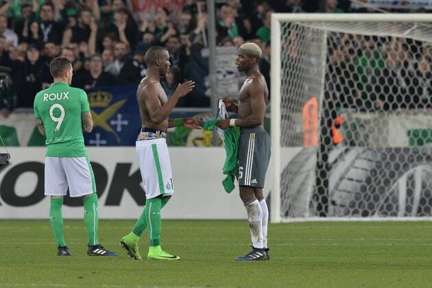 Fußball, EL, AS St. Etienne - Manchester United, Pogba-Brüder Florentin Pogba (saint etienne) et Paul Pogba Manchester United ManU FOOTBALL : AS Saint Etienne vs Manchester United - Europa League - 1 16e de finale - 22 02 2017 FredericChambert Panoramic 