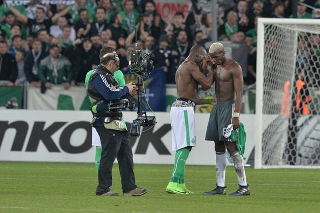 Fußball, EL, AS St. Etienne - Manchester United, Pogba-Brüder Florentin Pogba (saint etienne) et Paul Pogba Manchester United ManU FOOTBALL : AS Saint Etienne vs Manchester United - Europa League - 1 16e de finale - 22 02 2017 FredericChambert Panoramic 