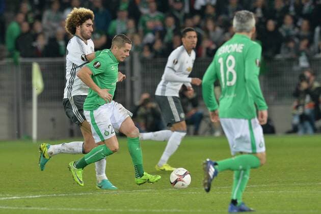 Romain Hamouma (saint etienne) vs Marouane Fellaini Manchester United ManU FOOTBALL : AS Saint Etienne vs Manchester United - Europa League - Achtelfinale - 22 02 2017 FredericChambert Panoramic 