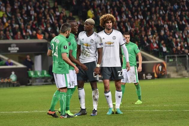 Loic Perrin et Florentin Pogba (saint etienne) vs Paul Pogba et Marouane Fellaini Manchester United ManU FOOTBALL : AS Saint Etienne vs Manchester United - Europa League - Achtelfinale - 22 02 2017 FredericChambert Panoramic 