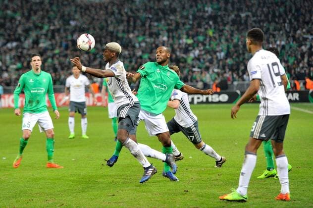 06 PAUL POGBA (man) - 02 KEVIN THEOPHILE CATHERINE (asse) FOOTBALL : AS Saint Etienne vs Manchester United ManU - Europa League - 22 02 2017 FEP Panoramic 
