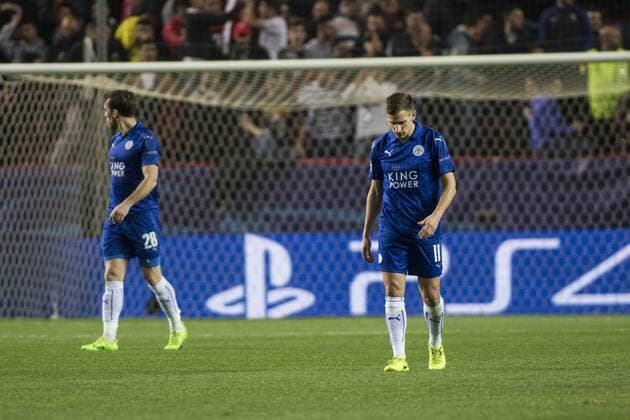 February 22, 2017 - Seville, Spain - Marc Albrighton (R ) and Christian Fuchs (L ) of Leicester laments after Sevilla scores for 1-0 during the UEFA Champions League Round of 16 (first leg) soccer match between Sevilla FC and Leicester at Estadio Ramon Sanchez Pizjuan Soccer 2017 - Sevilla FC vs Leicester - ZUMAa142 20170222_zap_a142_011 Copyright: xDanielxGonzalezxAcunax
