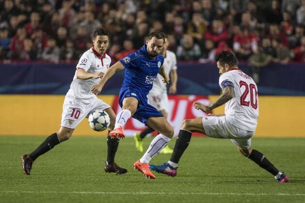 February 22, 2017 - Seville, Spain - Danny Drinkwater of Leicester (C ) fights for the ball with Vitolo (R ) and Samir Nasri of Sevilla during the UEFA Champions League Round of 16 (first leg) soccer match between Sevilla FC and Leicester at Estadio Ramon Sanchez Pizjuan Soccer 2017 - Sevilla FC vs Leicester - ZUMAa142 20170222_zap_a142_027 Copyright: xDanielxGonzalezxAcunax
