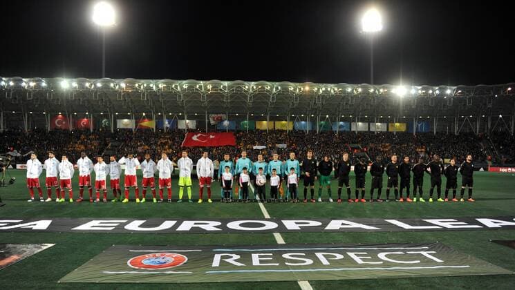 Osmanlispor and Olympiakos teams join the ceremony with the refrrees before the UEFA European League football match, between Osmanlispor and Olympiakos at Osmanli Stadyumu in Ankara, February 23, 2017. (  Copyright: HikmetxSaatci 15634829