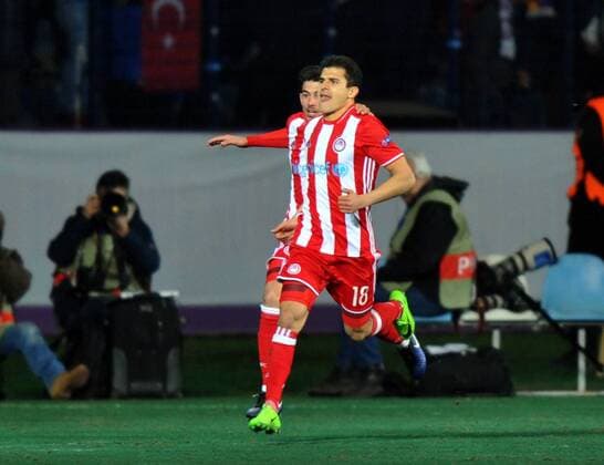 Olympiakos player Tarik Elyounoussi celebrates his goal during the UEFA European League football match, between Osmanlispor and Olympiakos at Osmanli Stadyumu in Ankara, February 23, 2017. (Hikmet Saatci - Depo Photos)  15634922