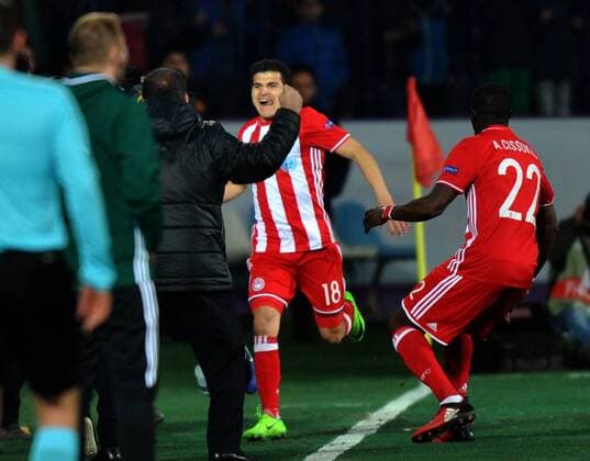 Olympiakos player Tarik Elyounoussi celebrates his goal with teammates during the UEFA European League football match, between Osmanlispor and Olympiakos at Osmanli Stadyumu in Ankara, February 23, 2017. (Hikmet Saatci - Depo Photos)  15634923