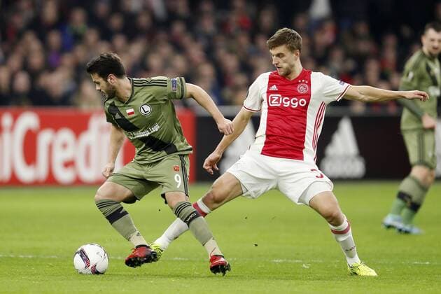 (L-R) Valeri Kazaishvili of Legia Warszawa, Joel Veltman of Ajaxduring the UEFA Europa League round of 16 match between Ajax Amsterdam and Legia Warsaw at the Amsterdam Arena on February 23, 2017 in Amsterdam, The Netherlands Ajax v Legia Warschau UEFA Europa League 2016 2017 xVIxxIVx 7183793