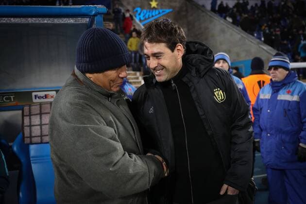 Zenit s head coach Mircea Lucescu and Anderlecht s head coach Rene Weiler shake hands at the start of a game between Russian team FC Zenit and Belgian soccer team RSC Anderlecht, return leg of the 1 16 finals of the Europa League competition, Thursday 23 February 2017, in Saint Petersburg, Russia. Anderlecht won 2-0 the first leg. VIRGINIExLEFOUR  x05053362x