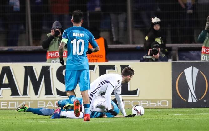 Zenit s midfielder s Giuliano scoring the 1-0 goal and during a game between Russian team FC Zenit and Belgian soccer team RSC Anderlecht, return leg of the 1 16 finals of the Europa League competition, Thursday 23 February 2017, in Saint Petersburg, Russia. Anderlecht won 2-0 the first leg. VIRGINIExLEFOUR  x05053345x