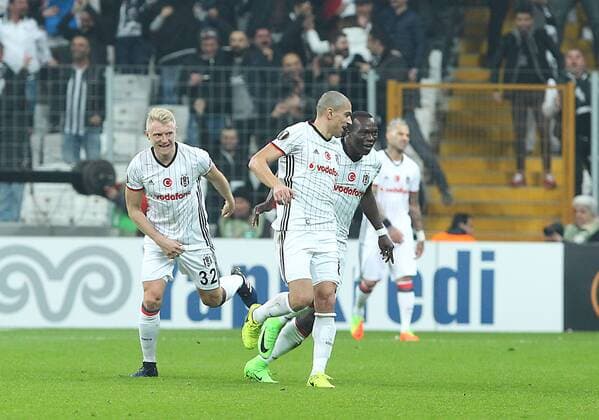 UEFA Europa League match between Besiktas and Hapoel Beer Sheva at Vodafone Arena in Istanbul , Turkey on February 23, 2017. Pictured: Gokhan Inler , Vincent Aboubakar and Andreas Beck of Besiktas. 