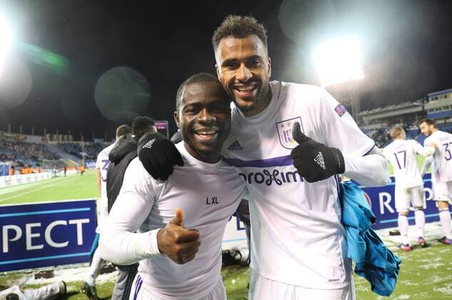 Anderlecht s Frank Acheampong and Anderlecht s Isaac Kiese Thelin celebrate after winning the qualification to next round with 3-0 at a game between Russian team FC Zenit and Belgian soccer team RSC Anderlecht, return leg of the 1 16 finals of the Europa League competition, Thursday 23 February 2017, in Saint Petersburg, Russia. Anderlecht won 2-0 the first leg. VIRGINIExLEFOUR  x05053396x