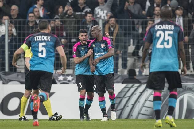 (L-R) Ben Turjman of Hapoel Be’er Sheva, Anthony Nwakaeme of Hapoel Be’er Shevaduring the UEFA Europa League round of 16 match between Besiktas JK and Hapoel Be’er Sheva on February 23, 2017 at the Vodafone Arena in Istanbul, Turkey Besiktas JK v Hapoel Be’er Sheva UEFA Europa League 2016 2017 xVIxGerritxvanxKeulenxIVx 7184429