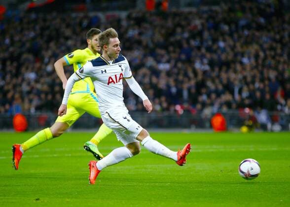 February 23rd 2017, Wembley Stadium, London, England; UEFA Europa League football, 2nd leg, Tottenham Hotspur versus KAA Gent; Christian Eriksen of Tottenham slots his shot past Gent Goalkeeper Lovre Kalinic to make it 1-0 Tottenham xMarkxKertonx  ActionPlus11849481