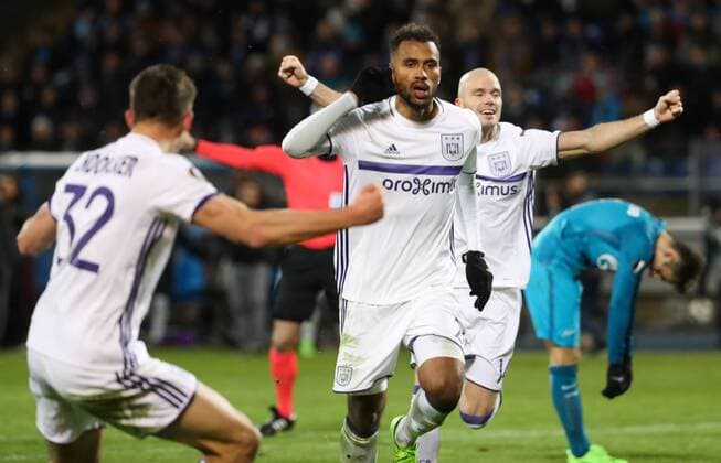 Anderlecht s Isaac Kiese Thelin celebrates after scoring during a game between Russian team FC Zenit and Belgian soccer team RSC Anderlecht, return leg of the 1 16 finals of the Europa League competition, Thursday 23 February 2017, in Saint Petersburg, Russia. Anderlecht won 2-0 the first leg. VIRGINIExLEFOUR  x05053424x