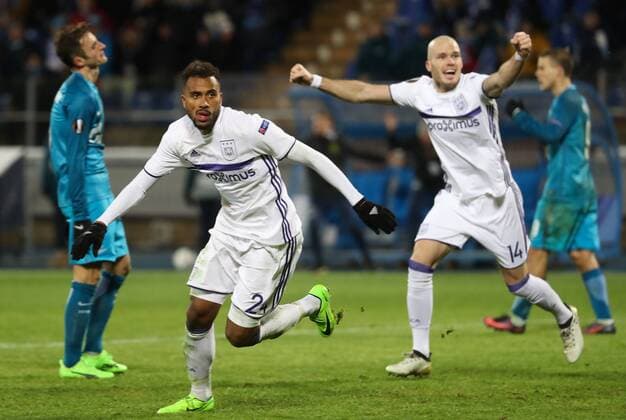 Anderlecht s Isaac Kiese Thelin celebrates after scoring during a game between Russian team FC Zenit and Belgian soccer team RSC Anderlecht, return leg of the 1 16 finals of the Europa League competition, Thursday 23 February 2017, in Saint Petersburg, Russia. Anderlecht won 2-0 the first leg. VIRGINIExLEFOUR  x05053426x
