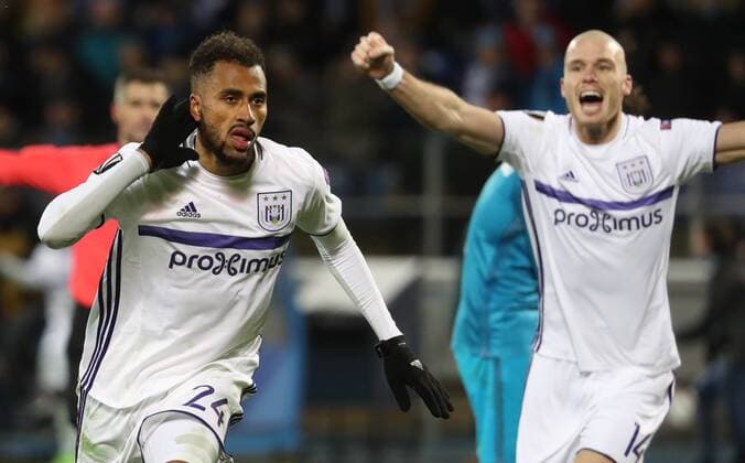 Anderlecht s Isaac Kiese Thelin celebrates after scoring during a game between Russian team FC Zenit and Belgian soccer team RSC Anderlecht, return leg of the 1 16 finals of the Europa League competition, Thursday 23 February 2017, in Saint Petersburg, Russia. Anderlecht won 2-0 the first leg. VIRGINIExLEFOUR  x05053420x